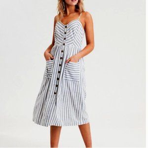 American Eagle Striped faux button midi dress with pockets